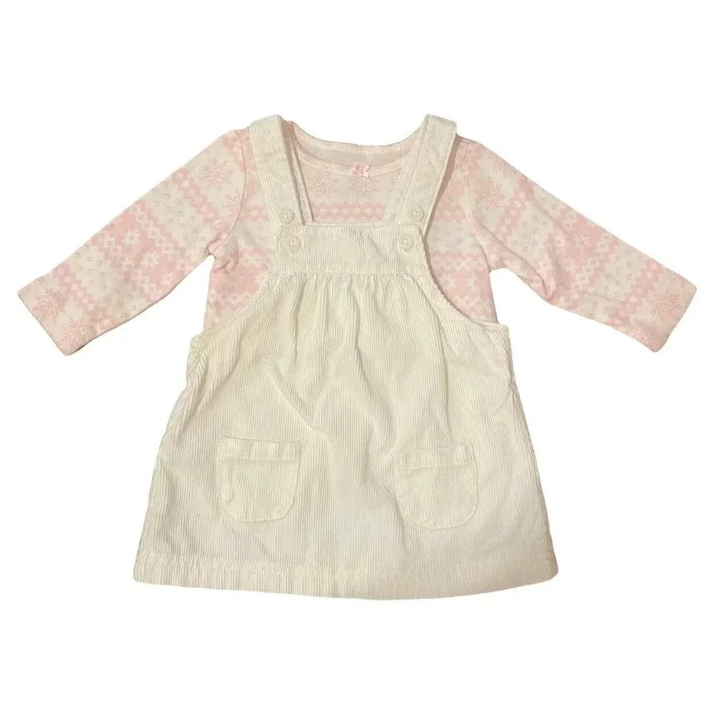 6 Months Carter's White Corduroy Overall Outfit w/ Fair Isle Long Sleeve Tee